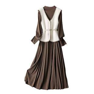 IHIMI裙子毛呢马甲套装裙女2025秋冬新款长裙高级感连衣裙两件套