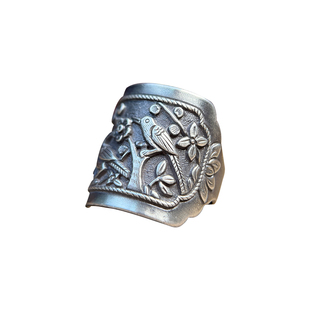 国潮足银喜鹊登梅宽戒非遗錾刻手工新款做旧女中式足银戒指