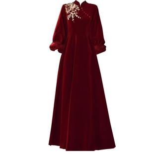大码孕妇酒红色中式改良旗袍敬酒服新娘高腰遮肚子结婚礼服回门服