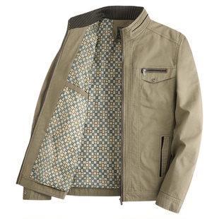 春秋季中老年男士立领纯棉夹克爸爸秋装外套中年薄款全棉男装上衣