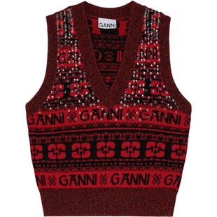 GANNI女装 新年红色V领针织马甲背心 K2117472