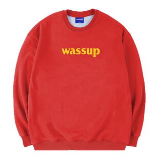 WASSUP潮牌中国红重磅字母印花卫衣男春秋新款百搭潮流圆领上衣服