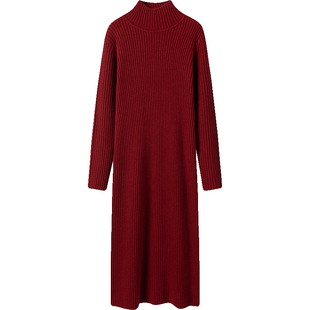 冬凤凰怒吼推荐篙质感!金线红色高领羊绒连衣裙女羊绒衫长款毛衣