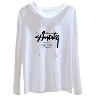 新款纯棉长袖连帽t恤女宽松大码遮肚显瘦外穿白色打底内搭上衣春