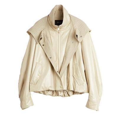 ELLE卡其色拼接工装风连帽皮衣