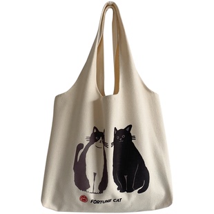 2025原创设计可爱猫咪手绘插画单肩包书文艺复古大容量帆布女包包