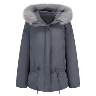 几何单元可拆卸毛领雾蓝中长款外套秋冬新款90白鸭绒连帽羽绒服