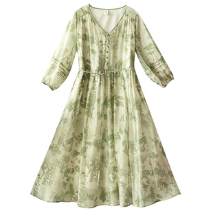 5折【伴山风】复古V领高腰连衣裙女春季镂空蕾丝灯笼袖印花长裙