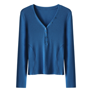 HAMYIHO 设计感分割线亨利领显瘦长袖t恤女内搭可外穿打底衫上衣