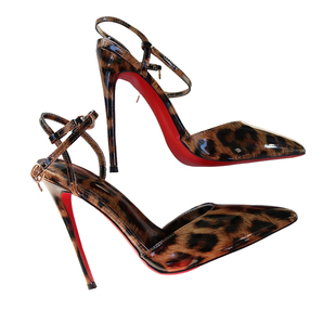 豹纹漆皮高跟一字带凉鞋尖头红底鞋欧美明星款法式定制大小码13CM