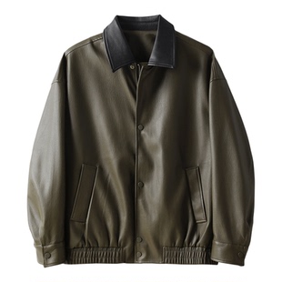 特价 军旅风绿色硬汉pu皮夹克男士荔枝纹双门襟痞帅机车皮衣外套