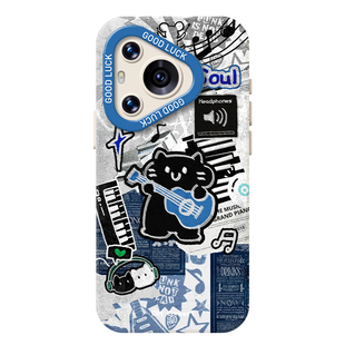 摇滚猫咪手机壳适用华为pura80pro涂鸦mate70小猫nova14新款p60文艺13复古50挂绳40高级感12小众30/11/15/9/8