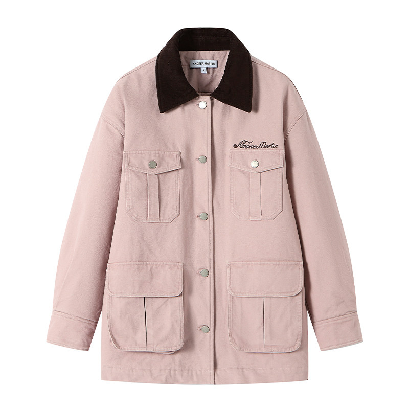 ANDREA MARTIN秋冬新款粉色工装水洗棉服女宽松保暖工装外套