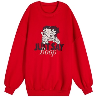 今屿花花短款红色印花卫衣女款2024新款秋冬款加绒加厚宽松设计感