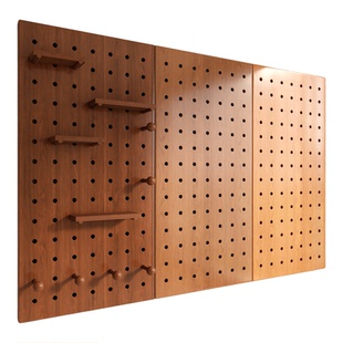 洞洞板实木置物架定制入户玄关墙面上客厅造型墙展示架挂板中古风