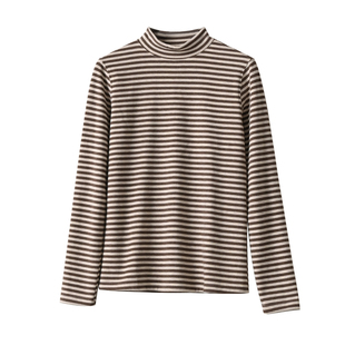 女士双面绒条纹打底衫 恒温半高领长袖T恤中大童可穿 秋冬款 女装