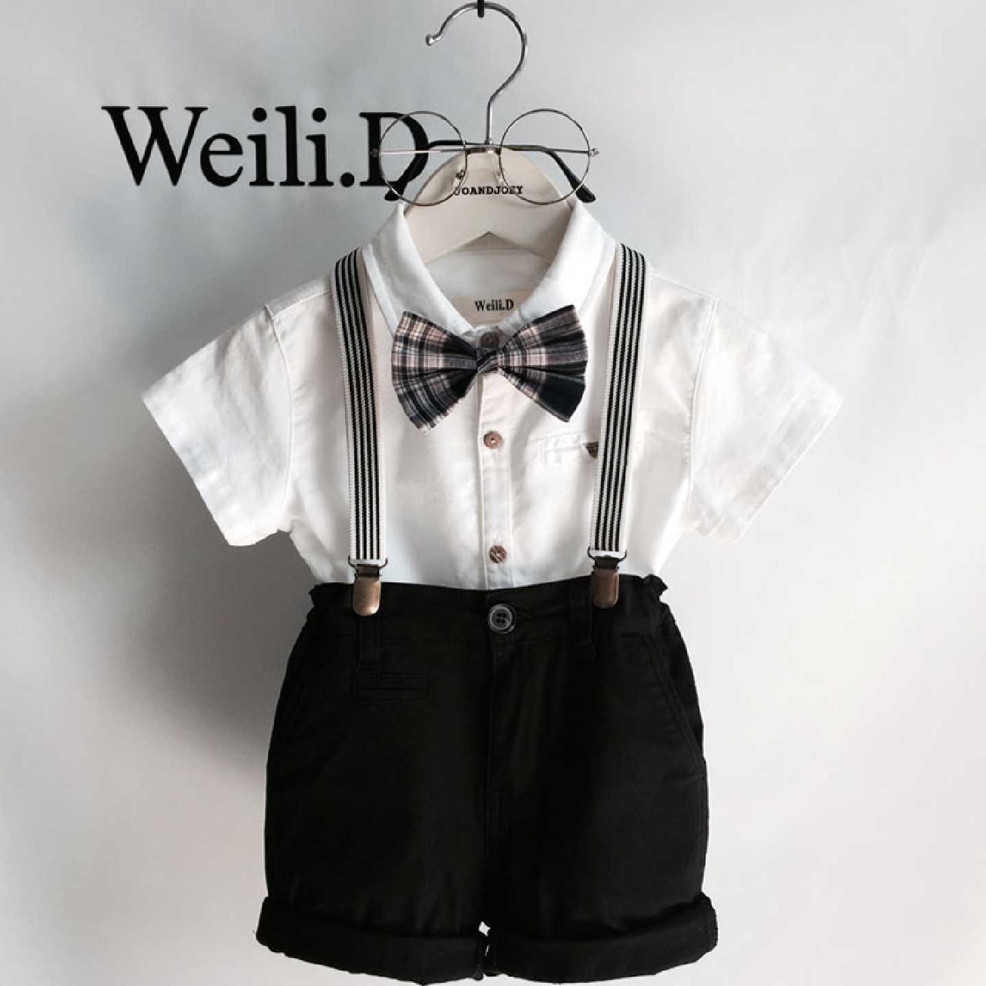 男童周岁礼服套装小孩子花童摄影演出服儿童白衬衫黑背带裤洋气