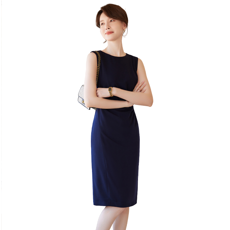 诗璐雅纯色职业气质无袖连衣裙女