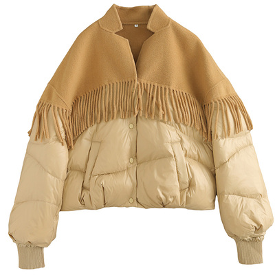 短款毛呢流苏加厚冬季拼接羽绒服