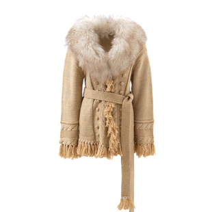 JELLOJELLO25秋冬滩羊毛领拼接金丝羊毛流苏针织毛衣外套