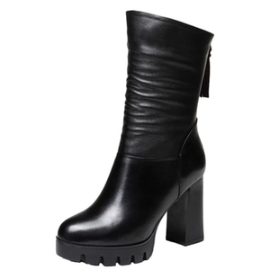 2025秋冬季新款防水台皮靴女粗跟真皮中筒靴超高跟女士百搭马丁靴