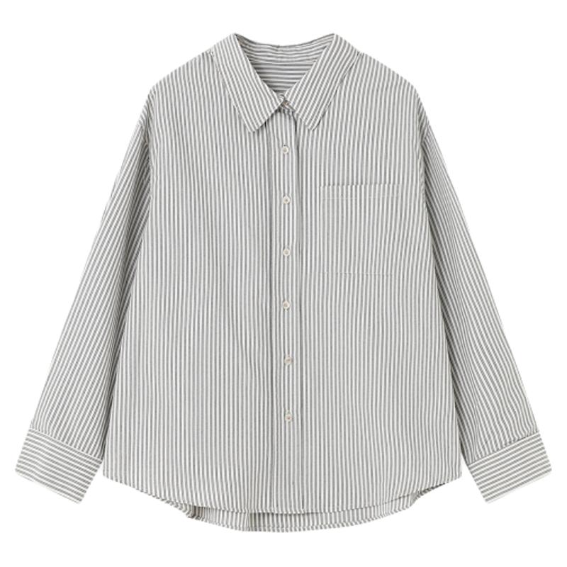 Basic House/百家好26秋季黑条纹polo领衬衫女通勤百搭长袖上衣