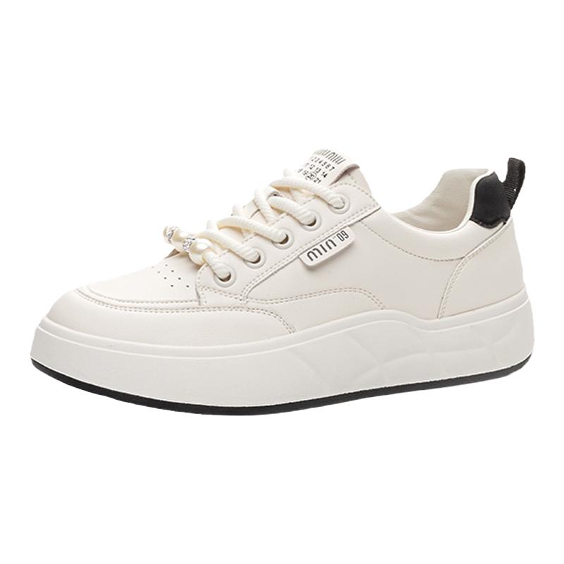 真皮大码女鞋41-43串珠透气百搭小白鞋42小众春季显脚小运动板鞋