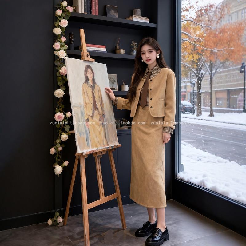 冬季穿搭一整套大码胖mm高级感小香风毛呢外套半身裙巨好看三件套