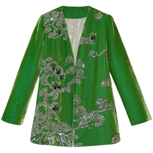 嫚渡华妃新中式高定质感真丝丝绒重工刺绣手工钉珠V领外套半身裙