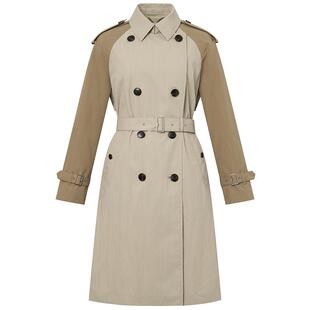 【专柜正品】Hazzys哈吉斯拼色双排扣宽松中长款风衣女士新款外套