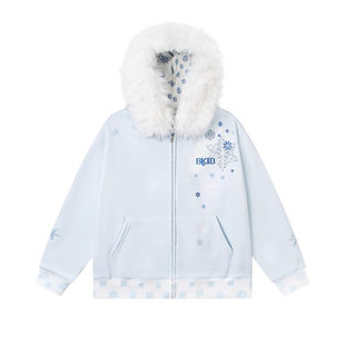 FOCK原创设计冰晶雪花连帽开衫卫衣外套女男秋冬新款宽松拉链上衣