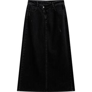播黑色牛仔复古半身裙女夏季新款高腰气质可露丽长裙BDR1BD0110