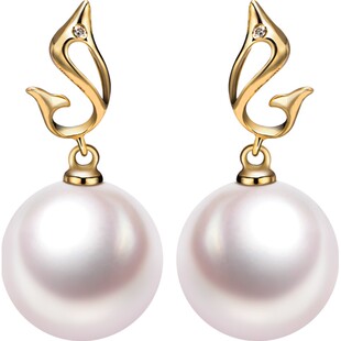 南珠宫海豚 18K金淡水珍珠耳环耳钉耳坠 镶钻石然天 送女友妈妈