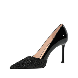 黑色高跟鞋女2026年新款不累脚气质名媛高级感尖头blingbling单鞋