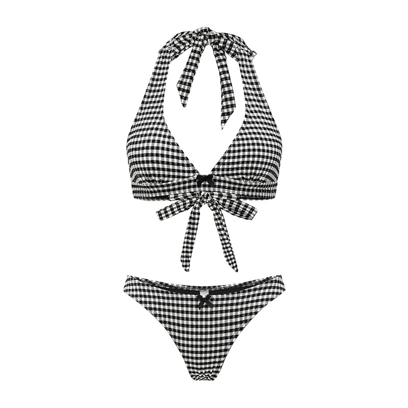 Yukari swim旗舰店黑白格子分体泳衣女2025新款平角高腰遮肚显瘦
