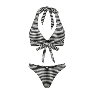 Yukari swim旗舰店黑白格子分体泳衣女2025新款平角高腰遮肚显瘦