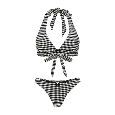 Yukari swim旗舰店黑白格子分体泳衣女2025新款平角高腰遮肚显瘦