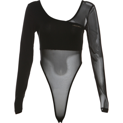 性感拽姐风黑色网纱拼接长袖T恤