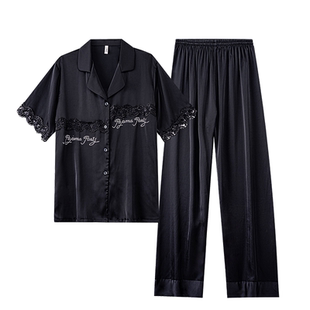 斯服玛黑色睡衣女款夏季冰丝短袖蕾丝边高级感轻奢家居服薄款套装