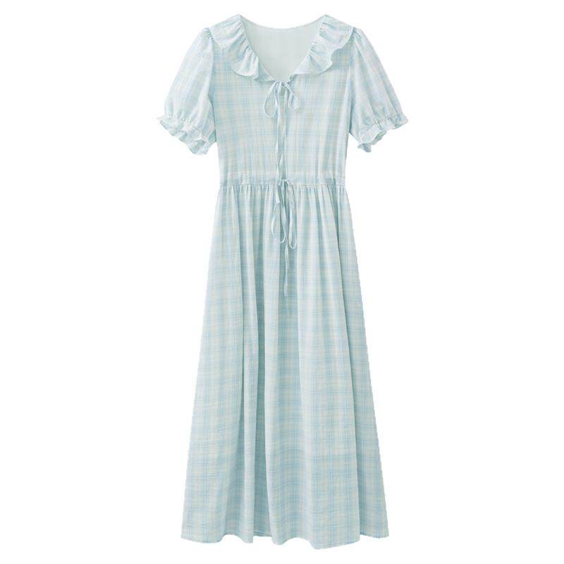 【夏末清仓】夏季韩系气质裙子学院风浅蓝色格纹娃娃领系带连衣裙