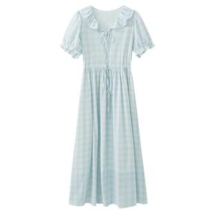 【夏末】夏季韩系气质裙子学院风浅蓝色格纹娃娃领系带连衣裙