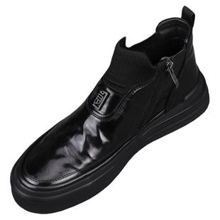 冬季加绒保暖高帮男鞋2024新款潮流真皮简约时尚侧拉链高邦休闲鞋