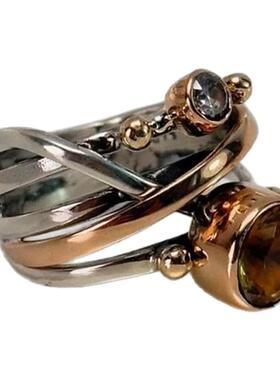 变色石多宝石镶嵌黄铜银质戒指