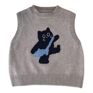 儿童毛衣马甲2025春秋款男女童卡通小猫针织背心秋装男童打底衫潮