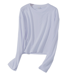 白色圆领宽松长袖t恤女2026新款短款打底衫纯棉chic早春气质上衣