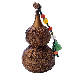 纯铜小葫芦桌面摆件紫铜车载挂件福禄龙纹浮雕手把件家居客厅装饰