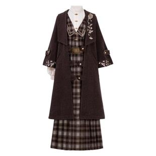 毛呢大衣女加厚外套秋冬穿搭套装学院风学生新中式长款内搭连衣裙