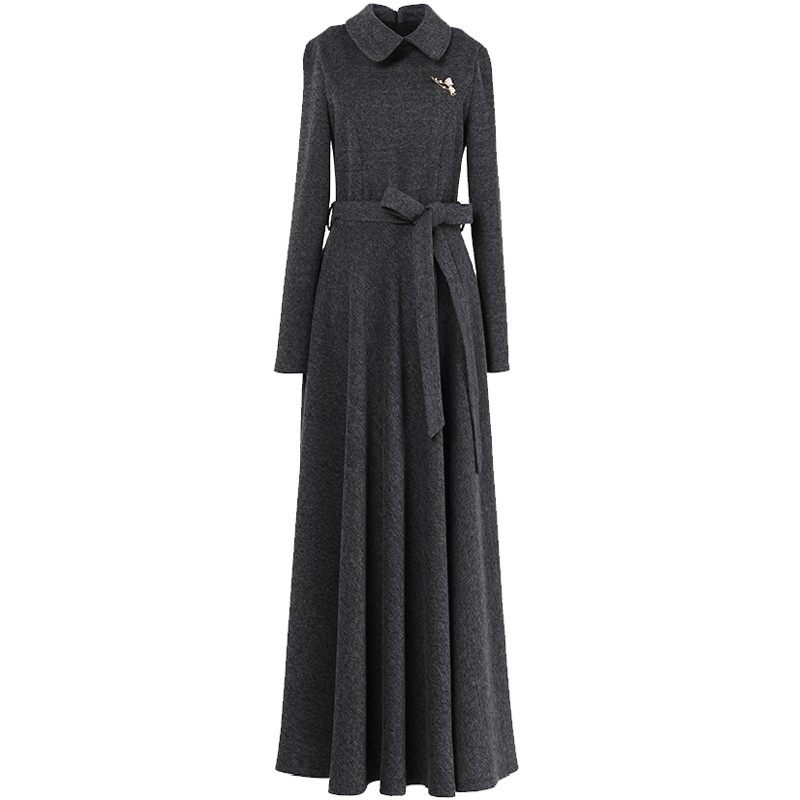 深灰色时尚连衣裙女2025秋冬新款气质精致收腰长款到脚踝长裙652