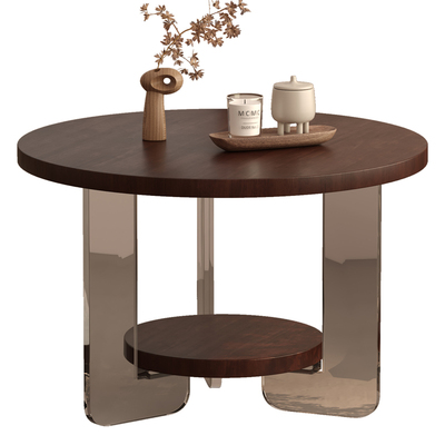 家逸实木圆形茶几中古风小户型家用客厅茶台创意双层简约新款茶桌