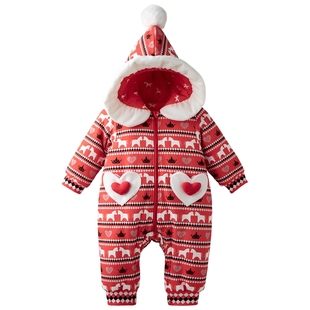 aqpa爱帕圣诞拜年服婴儿连体衣夹棉保暖冬季棉服哈衣宝宝衣服外出